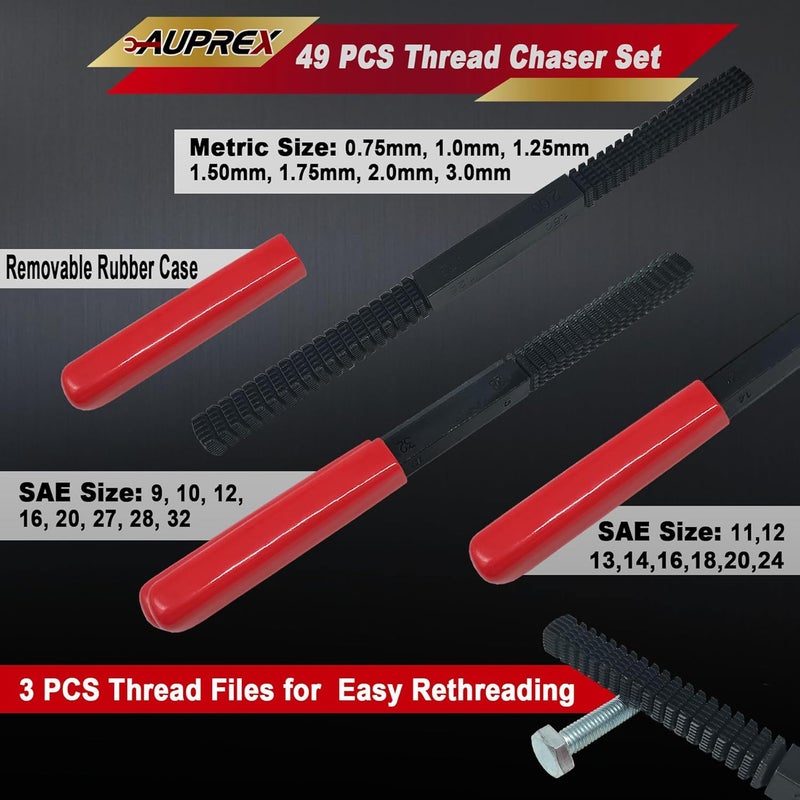 AUPREX 49Pcs Thread Chaser Set, UNC, UNF & Metric Thread Repair Kit with Taps, Dies and Thread Files for Re-Threading, Universal Metric and SAE Thread Chaser Kit - Image 4